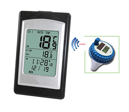 Image showing the indoor receiver displaying temperature and time, with a small inset of the floating sensor indicating 433MHz wireless transmission.