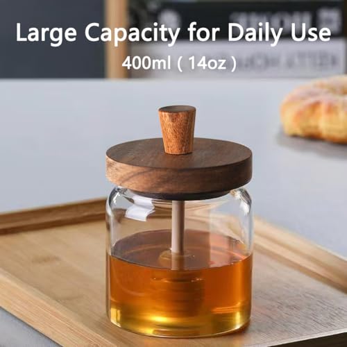 hiwafifi Glass Honey Jar with Dipper and Lid, 14 OZ Airtight Honeypot with Acacia Wood Lid, Coffee Syrup Dispenser, Round Honey Storage Container, Kitchen Dining Gifts for Her Bar Accessories - Thumbnail 5