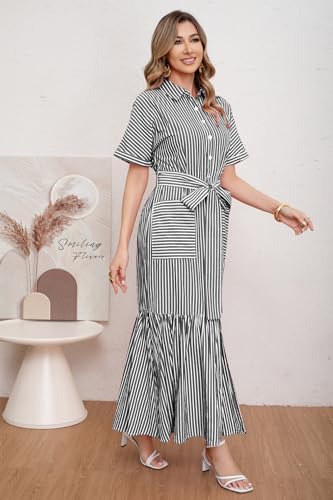 Image of utcoco Women's 2026 Summer Casual Striped Button Down Maxi Dress Tie Waist Short Sleeve Shirt Dress with Pockets