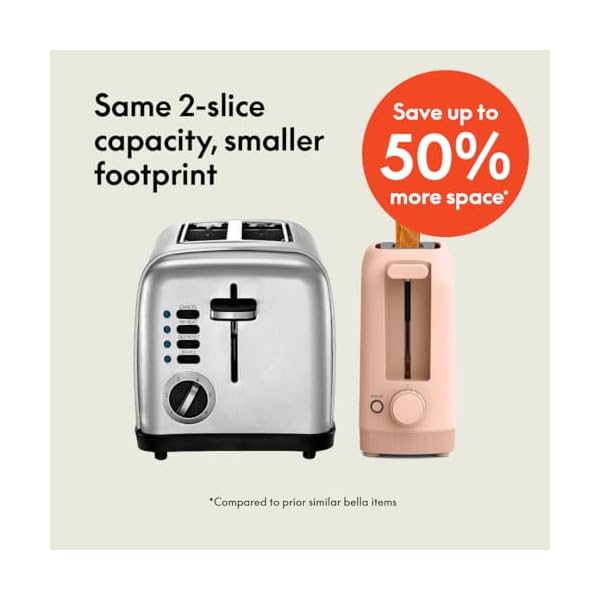   bella-2-Slice-Slim-Toaster-Fits-anywhere-Kitchenware-6-Setting-Shade-Control-with-Reheat-Cancel-Buttons-Removable-Crumb-Tray-10-Long-Slot-Anti-Jam-Auto-Shutoff-900-Watt-Blossom