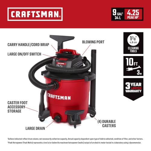 CRAFTSMAN CMXEVBE18590 9 Gallon 4.25 Peak HP Wet Dry Shop Vacuum - Image 2