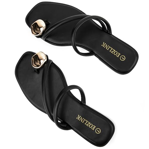 Image of Eozlink Women's Toe Ring Flat Sandals, Slip On Dressy Summer Slides | PU upper with square toe and metal accent for resort and casual outfits