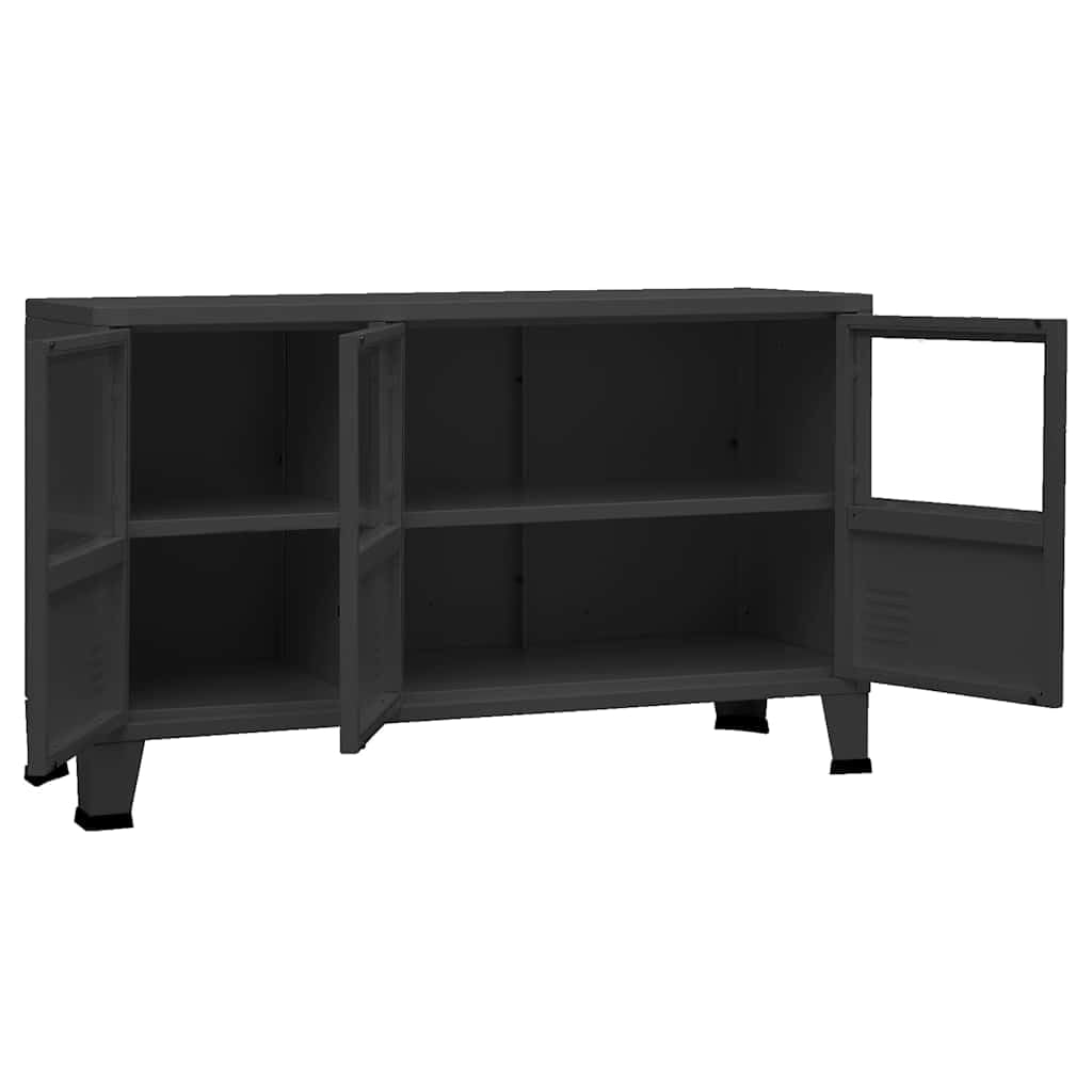 Credenza industriale in metallo e vetro, colore nero, 105 x 35 x 62
