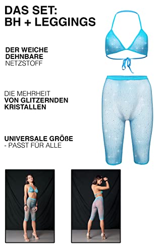 Nothing Shop Leggings BH erotische dameskleding lingerie set clubwear met strass stenen kristallen turquoise - Afbeelding 3