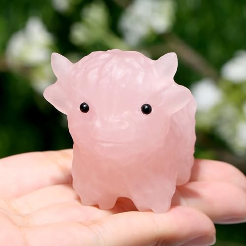 GUJOXILA 2 Rose Quartz Highland Cow Gifts Healing Crystal Ornaments Highland Cow Crystal Gift for Women Statue Figurine Lucky Scottish Pink Cute Small Gifts Kitchen Office Desk Decor