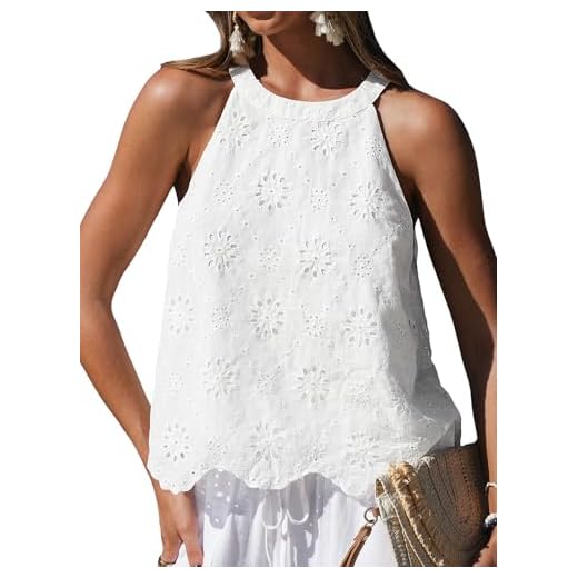 CUPSHE Chemisier en dentelle pour femme - Col nu - Sans manches - Brodé à œillets - En coton - Coupe ample - Pour l'été, la plage, les vacances, blanc, XL