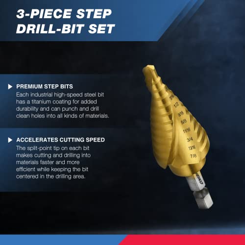 neiko 10181a step drill bit set 3 piece spiral grooved for faster drilling step bits for stainless steel metal wood plastic unibit cone drill bits with 31 step sizes total