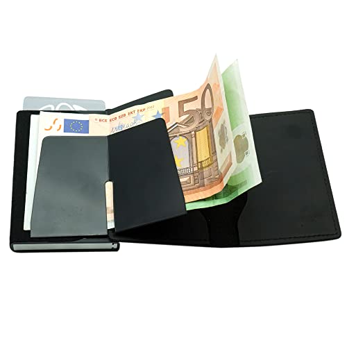Slim Aluminum & Genuine Leather Card Holder with Magnetic Closure – RFID Blocking Wallet with Built-in Air Tag Pocket – Holds 1-6 Cards & Cash – Minimalist Men’s Wallet Gift Box Included (Black)3