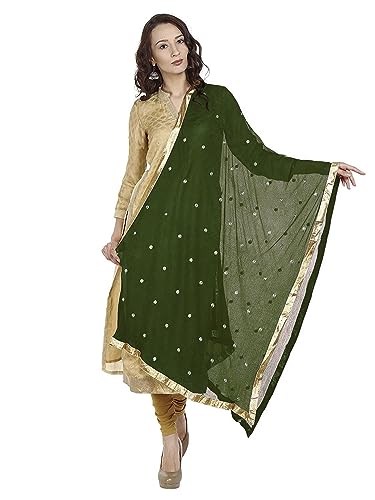 themilestocks Womans Embroidered Chiffon Dupatta Scarf Shawl Wrap Soft Indian Bridal Wedding - Olive Green
