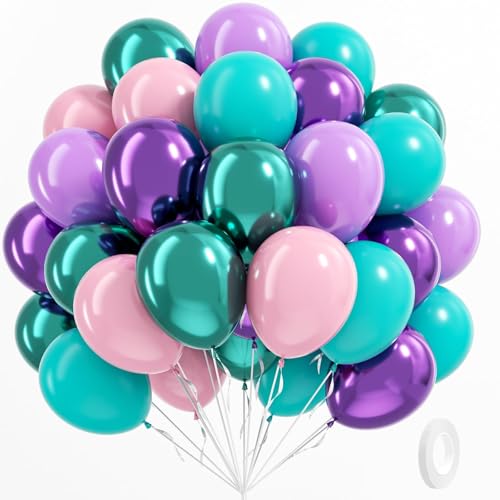 Image of BAUANOOY Mermaid Balloons, 60pcs 12 Inch Pink Metallic Purple Green Blue Latex Balloons for Little Mermaid Birthday Decorations, Baby Shower, Under the Sea Party Decorations
