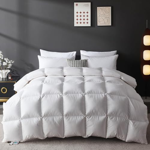 Image of L LOVSOUL Goose Feather Down Fiber Comforter Oversize Queen Size, 100% Organic Cotton Fabric Duvet Insert,1200TC,750+FP, Hotel Collection, Heavyweight White with 8 Tabs,96X96IN