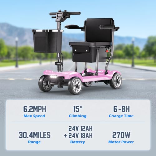 Image of 43lb Lightweight Mobility Scooter for Seniors - Airline & Cruise Approved | Foldable Portable Travel Motorized Scooters for Adults Elderly 4 Wheel with Removable Battery, 30.4MI, 300lb Capacity, Pink