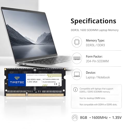 Image of Timetec 80GB KIT(10x8GB) DDR3L / DDR3 1600MHz (DDR3L-1600) PC3L-12800 / PC3-12800 Non-ECC Unbuffered 1.35V /1.5V CL11 2Rx8 204 Pin SODIMM Laptop Notebook PC Computer Memory RAM Module Upgrade Black PCB
