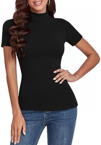 Totatuit Damen Geripptes T-Shirt mit Stehkragen Kurzarm | Stretchkomfort, schmale Passform, elegante Optik, für Frühling Sommer Herbst Alltag Büro, kombinierbar mit Jeans oder Rock