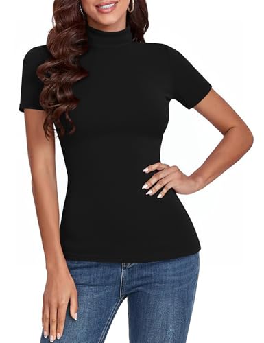 Totatuit Camiseta básica Mujer Cuello Alto Manga Corta Estilo Slim fit Tejido canalé Color Liso Ropa cómoda Elegante Casual Negro，S