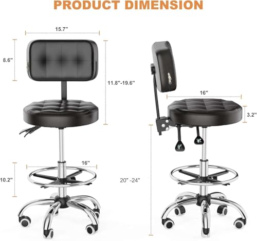 Image of YJHome Rolling Stool, Rolling Stools with Wheels Foot Rest, Backrest Adjustable Height, Heavy Duty 400lbs Weight Capacity, Salon Spa Tattoo Massage Office Swivel Stool Chair (Black)