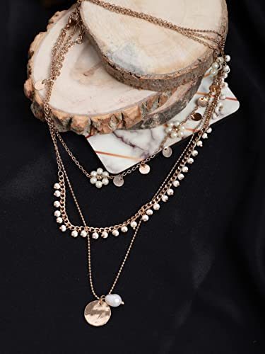 Layered Pearl Seed Bead Metal Charm Drop Necklace