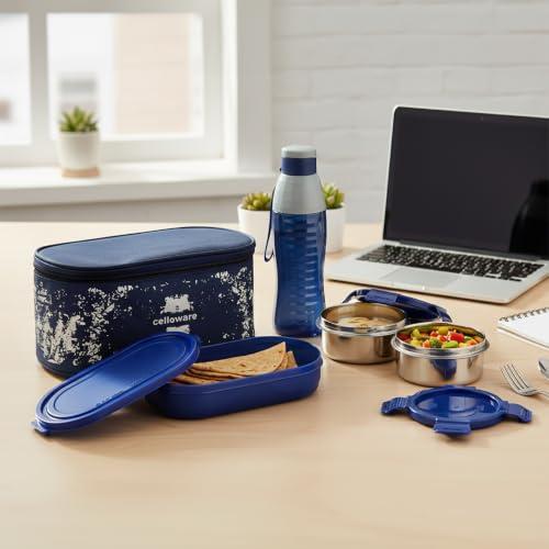 Image of CELLO Gemini Lunch Box Gift Set of 3 Pieces with Bag for Office Use, Blue | 300ml x 2 Steel Round Containers, 500ml x 1 Oval Container with 600 ml Water Bottle, Leak Proof Tiffin Set for School Travel