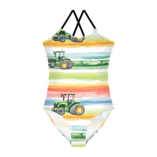 Green Tractors Colorful Striped Girls One Piece Swimsuit Beach Swimwear 20861765