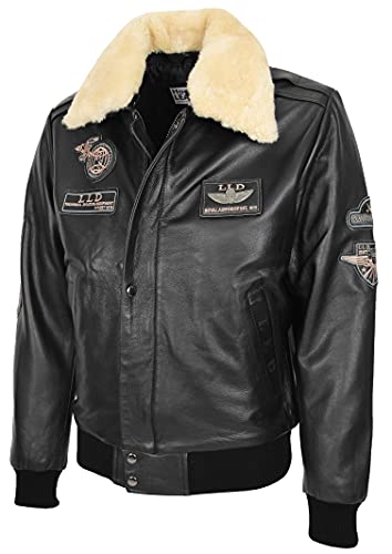 Mens echt lederen bomberjack afneembare kraag Aviator Style Pilot-N - Image 5