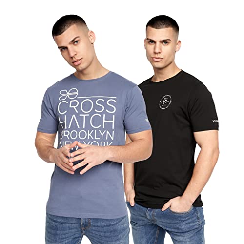 Crosshatch Herren Premium Halbarm Rundhals T-Shirt mit Briefdruck Logo Design, schwarz / blau, L Cover