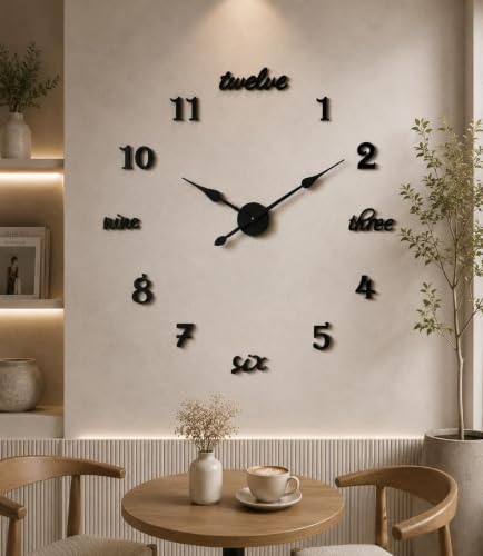 Buy CRAFTIQ 18 Inch DIY Acrylic Wall Clock, Silent Non-Ticking Frameless Self Adhesive Wall Clock, Mixed Number & Word Design, Modern Decorative Clock for Living Room, Bedroom, Office, Cafe, Black Online at Low Prices in India - Amazon.in - Image 3