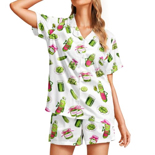 Image of Funny Pajamas for Women Set Print Satin Loungewear Pjs Short Sleeve Button Down Top and Shorts Sets Sleepwear XS-3XL