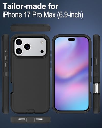 Image of for iPhone 17 Pro Max Case with Port Cover, Rubber Matte, Black | 3-Layer Heavy Duty Armor, 16ft Drop Protection, Non-Slip Shockproof & Anti-Fingerprint