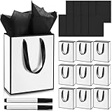 Yeaqee 10 Pack Metallic Paper Gift Bags with Handles Tissue Paper Thank You 5 Senses Gift Bags for Him Her Birthday Wedding Baby Shower Bridal Shower Groomsmen Favor 9 x 7 x 3. 15''(White, Black)