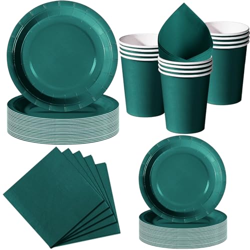Nkaiso Stoviglie per Feste 50 Pezzi Verde Scuro Intenso, 10 x 23cm & 10 x 18cm Piatti di Carta, 10 Tazze, 20 Tovaglioli - Per Natale, Matrimonio, Eventi Aziendali -10 Ospiti