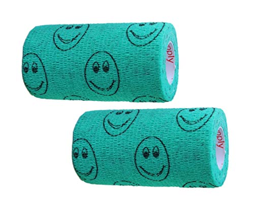 Image of Vet Wrap Wrap Tape (Teal with Smiles) (2 Pack) (4 Inch x 15 feet) Self Adhesive Adherent Adhering Cohesive Flex Self Stick Bandage Grip Roll Dog Cat Pet Horse
