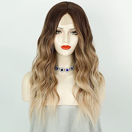 Lativ Long Wavy Wig For Women Ombre Brown Wigs Middle Part Curly Synthetic Hair Natural Looking Dark Roots Heat Resistant Fiber For Daily Party Use #TOP1