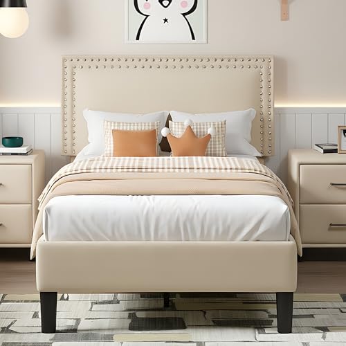 Image of VECELO Twin Size Platform Bed Frame with Height Adjustable Upholstered Headboard, Modern Mattress Foundation,Strong Wood Slat Support, No Box Spring Needed, Easy Assembly, Beige