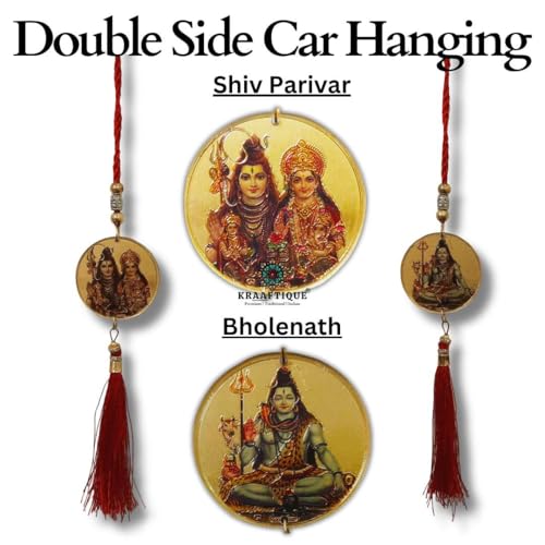 Image of Shiv Parivar Car Hanging with Bholenath Dual Side Gold Glossy Spiritual Locket Hanging for Car Rear View Mirror 13 Inch