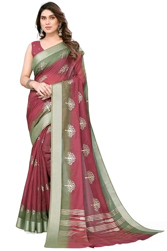 Image of MIRCHI FASHION Women Saree Cotton Blend 2-Tone Foil Print | Lightweight Comfortable Office Wear Sari with Blouse Piece