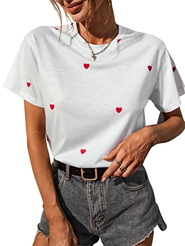 Shein Women's Summer Heart Print Short Sleeve Tee Round Neck Casual T Shirt Tops White L #TOP14