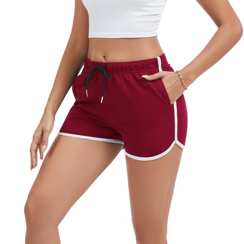 FGFD&OU Short Sports Shorts Women's Cotton Yoga Trousers Sweatpants Jogging Bottoms Women Breathable Running Shorts Training Trousers for Fitness Gym Running for Summer, Wine Red, L