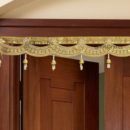 Image of Handmade Door Hanging Gold Lace Door Bandarwal Toran,Diwali Ganesh Pooja New Year Inauguration Wedding Festival Home Decor,Wall Decoration (38 Inch X 8 Inch)