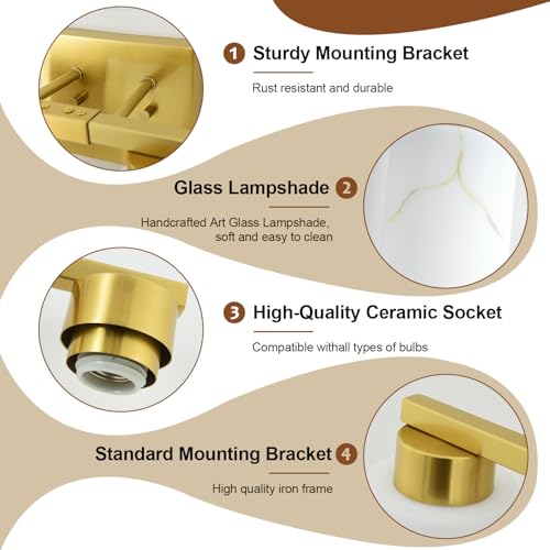 Image of 4-Light Bathroom Light Fixtures, Modern Vanity Lights, Gold Metal Wall Lamp with White Marble Glass for Bathroom, Mirror, Living Room, Bedroom, Cabinet, Porch, Hallway, E26 Base