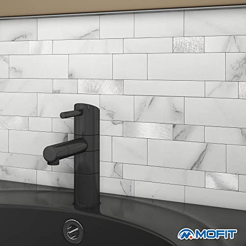 Mofit Backsplash Tile For Kitchen Peel And Stick Stone Matte Finish,Bathroom Tiles Stickers 3D Wall Panel Linear Mosaic Marble Backsplash Waterproof(10Sheets,White Silver) #TOP3