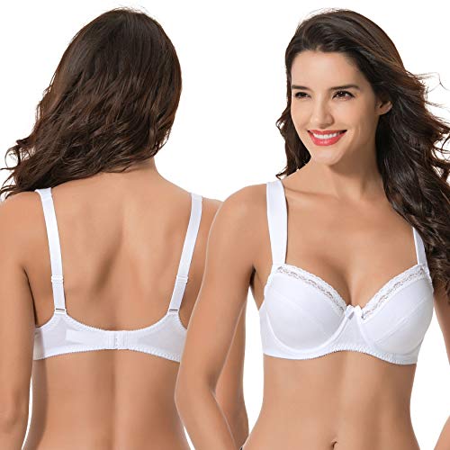 Curve Muse Women's Plus Size Underwired Unlined Balconette Cotton Bra-3Pack-White Print,Pink,White-36D #TOP4
