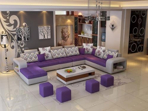 Image of Torque Allister 12 Seater Sofa Set for Living Room (Purple) | Interchangeable U Shape Sectional Sofa | Solid Wood Frame & High-Density Supersoft Foam | Includes Puffy & Stool | Modern Home Furniture