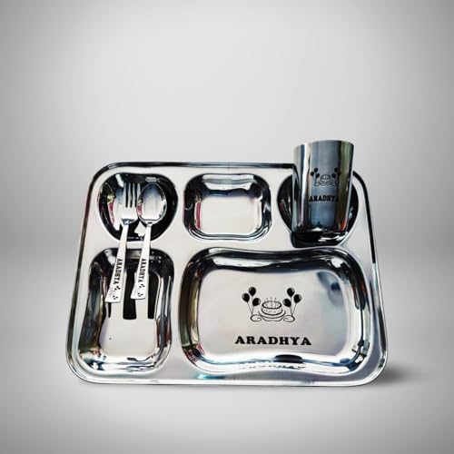 Image of Stainless Steel Printed Namoh Customizations Customized Thali Set for Kids with Name: Personalized thali Set with Name, Silver