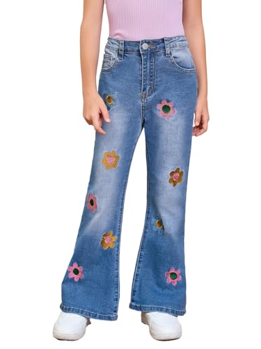 WDIRARA Girl's Floral Print Denim Zipper Fly Pants Button Flared Jeans with Pockets