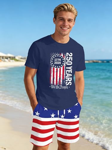 Image of Ithalt Patriotic Shirts for Men 4th of July Outfit 2 Piece Set Short Sleeve and Shorts American Flag 250th Anniversary