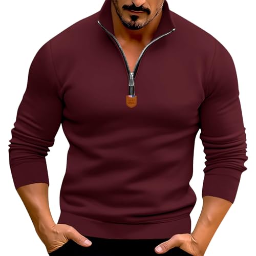 Mens Casual Fleece Pullover Sweatshirt Half Zip Stand Collar Sweatshirts Solid Color Long Sleeve Polo Shirt Warm Tops