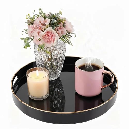 Simmer Stone Plateau rond en plastique décoratif avec poignées, moderne, pour ottoman, table basse, cuisine et salle de bain, taille 33 cm (Noir)