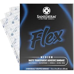Saniderm Flex Tattoo Aftercare Bandage (New) (3 Sheets, 6 in x 8 in) – Convenient, Faster Tattoo Healing and Protection – Sterile, Waterproof, Ultra Flexible, Tatoo Aftercare Wrap – Matte Finish