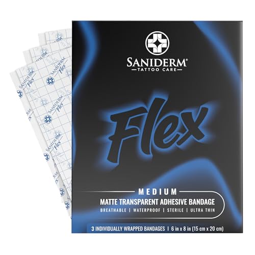 Saniderm Flex Tattoo Aftercare Bandage (New) (3 Sheets 6 in x 8 in) Convenient Faster Tattoo Healing and Protection Sterile Waterproof Ultra Flexible Tatoo Aftercare Wrap Matte Finish