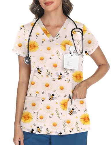 LOMON Scrubs for Women V Neck Print Scrub Tops Soft Knit Nurse Uniform Shirts with 3 Pockets Bee XL